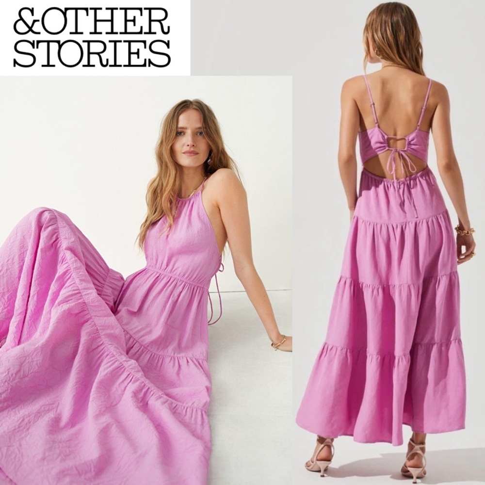 & Other Stories Pink Tiered Maxi Dress Open Back Barbiecore Romantic Halter Sz 6